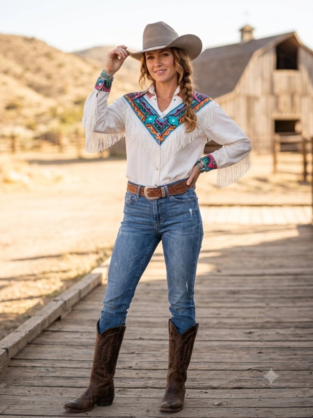 Vintage 80s Circle T by Marilyn Lenox Southwestern Fringe Cowgirl Western Shirt